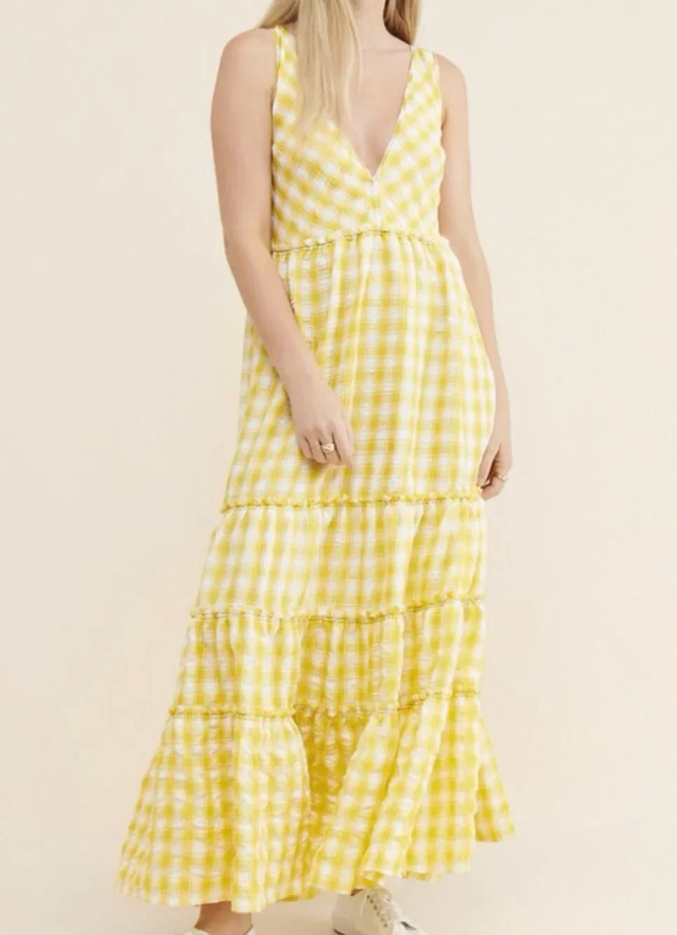 Free People Beach Club Maxi Dress yellow gingham tiered size M